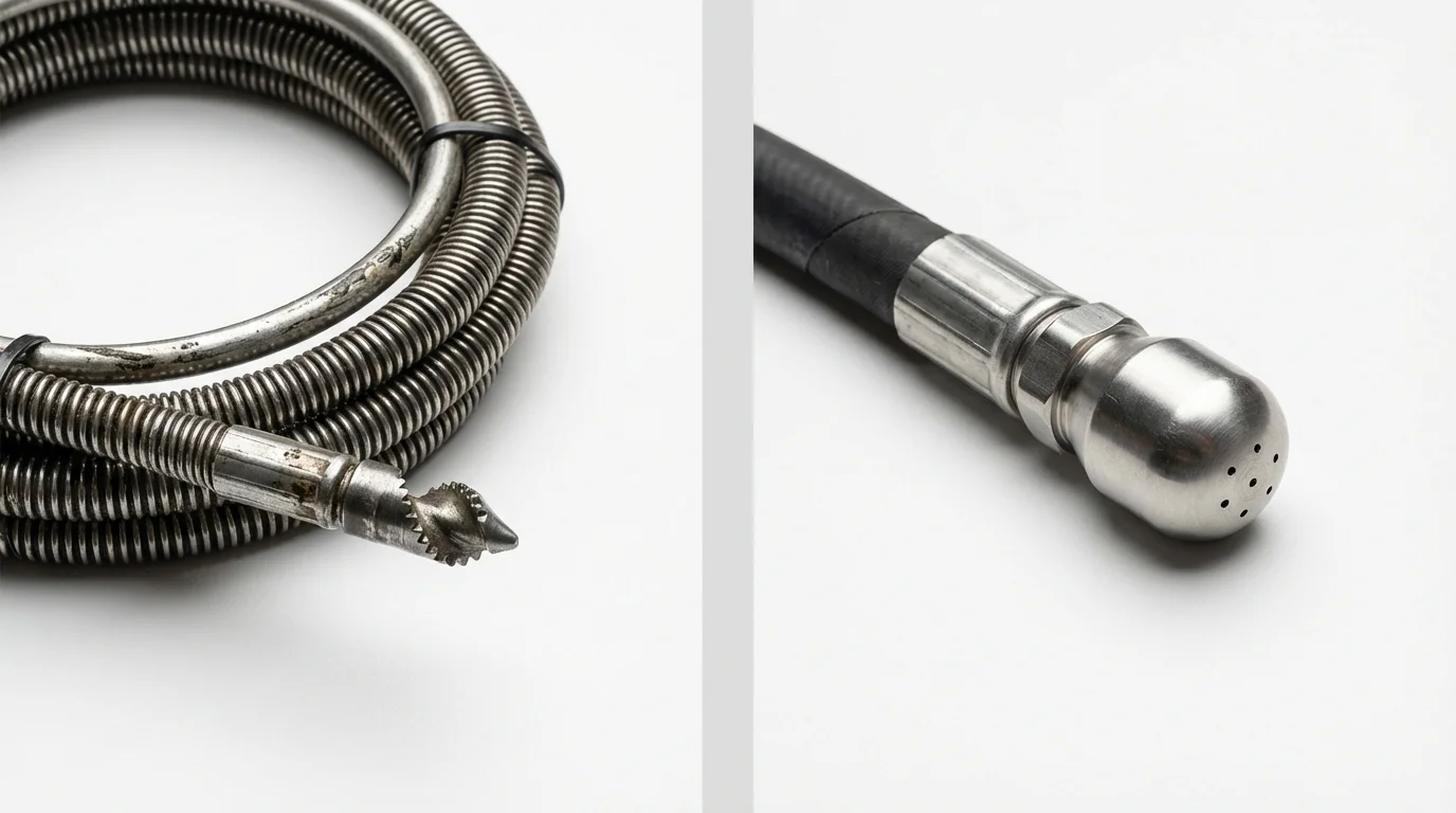 Drain snake cable and hydro jetting nozzle used for drain cleaning in Lancaster, NY