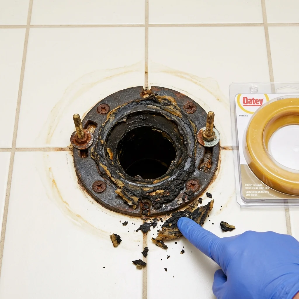 Failed wax ring showing water seepage at the base of a toilet in a Lancaster, NY home