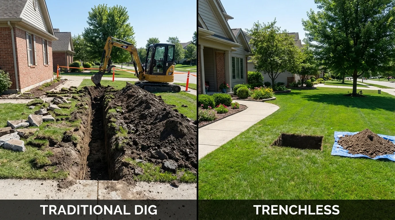 Trenchless sewer repair with minimal yard damage versus traditional excavation in Lancaster, NY