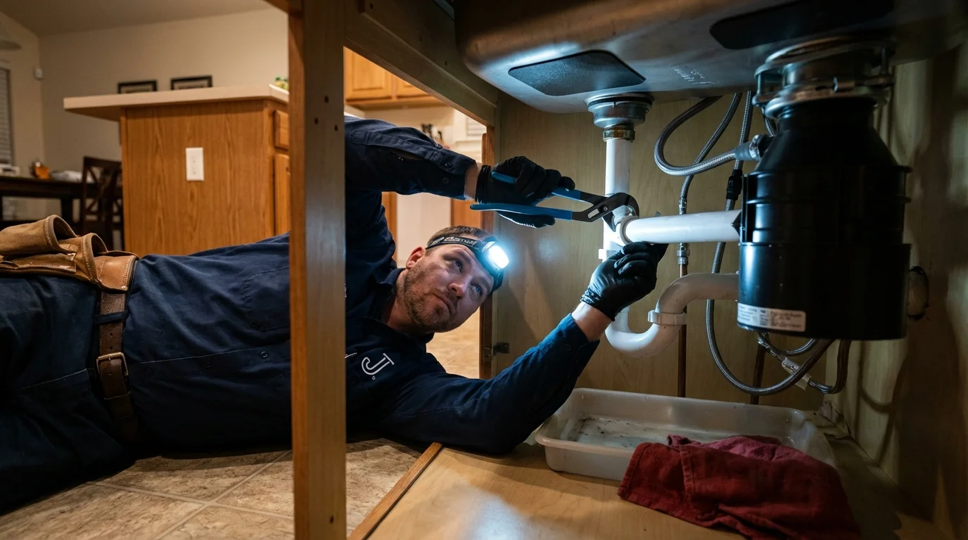 P-trap and supply line connections under a kitchen sink showing a common leak point in Lancaster, NY